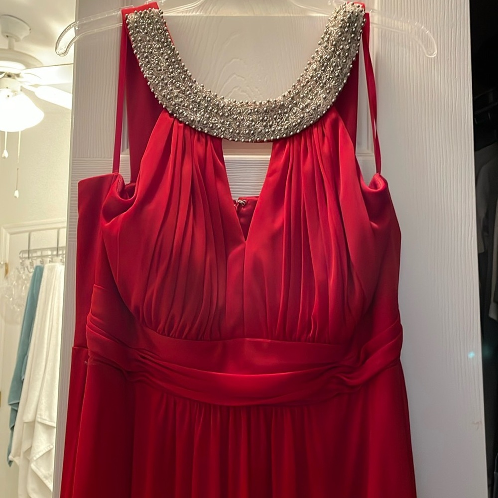 Onyx Nite Red Floor Length Empire Waist Dress with Silver Beaded Accent Neckline